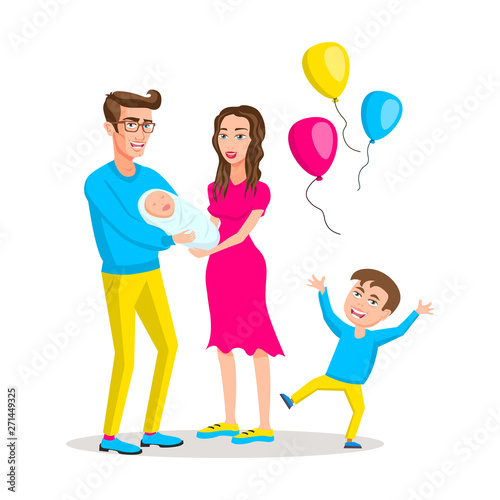 Mom, dad, boy and baby girl. colored vector modern flat design illustration, composition of cartoon characters. Happy young family. The concept of family holiday.