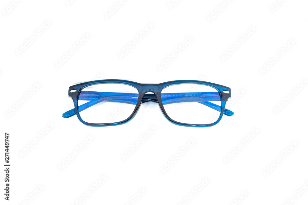 Fototapeta premium Blue Glasses isolated on white background. Vintage frame for Sunglasses. Abstract of Healthy, sight protection and reading optical lens.