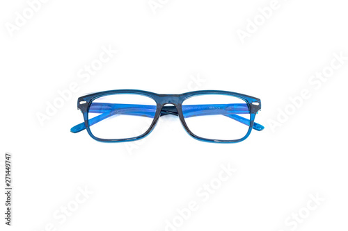 Blue Glasses isolated on white background. Vintage frame for Sunglasses. Abstract of Healthy, sight protection and reading optical lens.