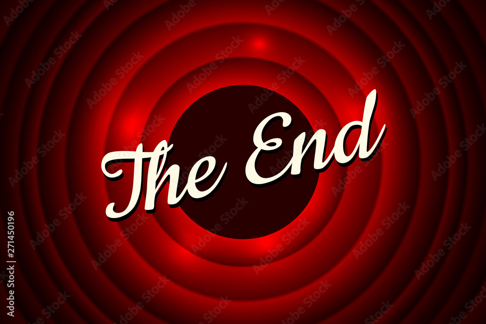 The End handwrite title on red round bacground. Old movie ending screen