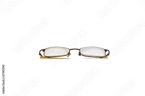 Broken Glasses isolated on white background by without Glasses nose. Abstract of Healthy, sight protection and optical lens.