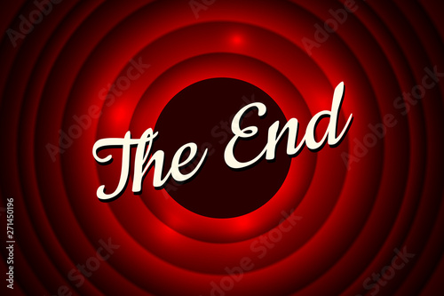 The End handwrite title on red round bacground. Old movie ending screen. Vector illustration