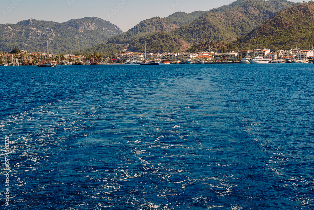 beautiful view to the port of Marmaris, summer vacation in Turkey