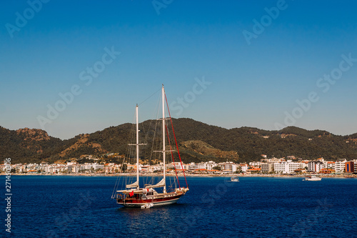 the ship sails on the sea in the port of Marmaris