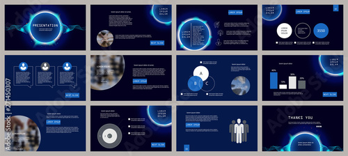 Blue presentation template. Neon circle and wave elements for slide presentations on a dark background. Flyer, brochure, corporate report, marketing, advertising, annual report, banner photo