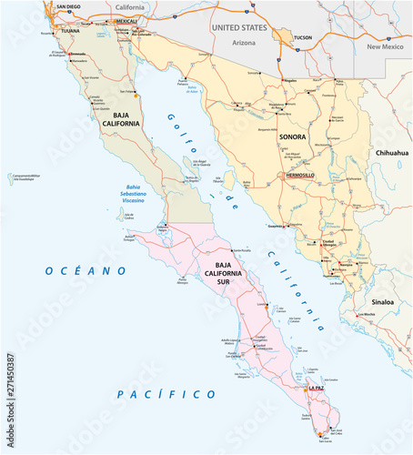 Road vector map of the Mexican states of Sonora, Baja California and Baja California South