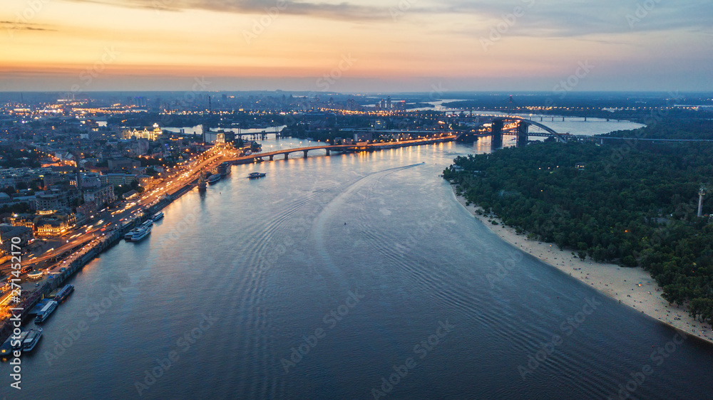 aerial  city view on sunset. Kiev, Ukraine. drone shot, bird's-eye, aerial view