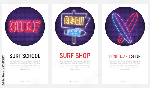 Mobile App Page Onboard Screen Set. Screens Template for Surf Shop, Surfing School, Longboard Online Store. Vector Illustration. User Interface Kit in Flat Design. Neon Emblem for Surfing Club.