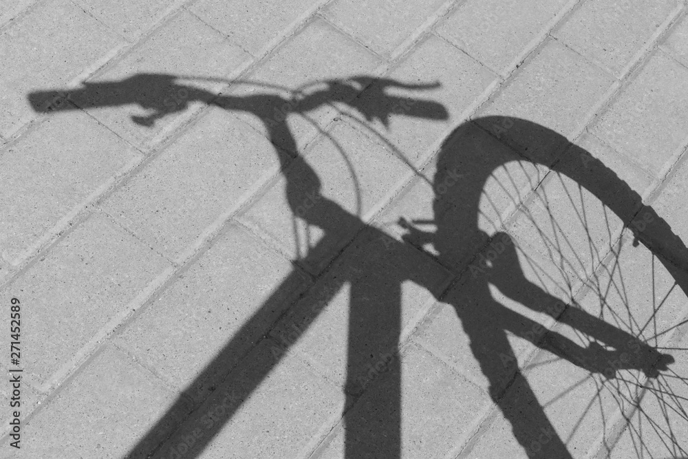 black and white photo of shadow of stem and front wheel of bicycle