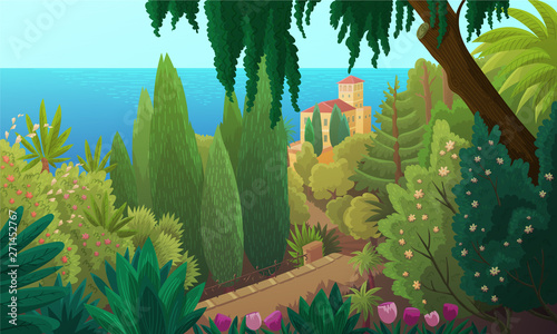 Vector illustration of a coastal landscape in the south of France. Summer scenery of a green garden of pines and palm trees with the sea in the background.