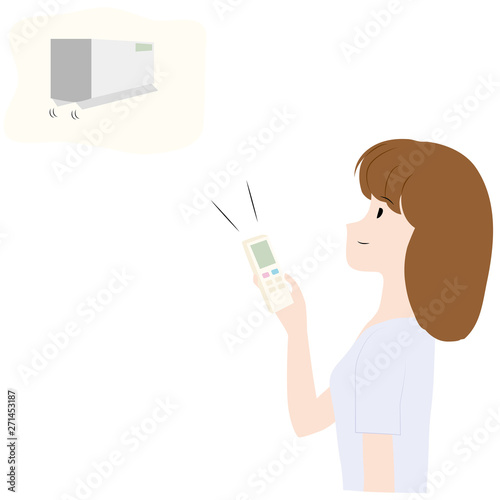 部屋のエアコンを付ける女性のイラスト