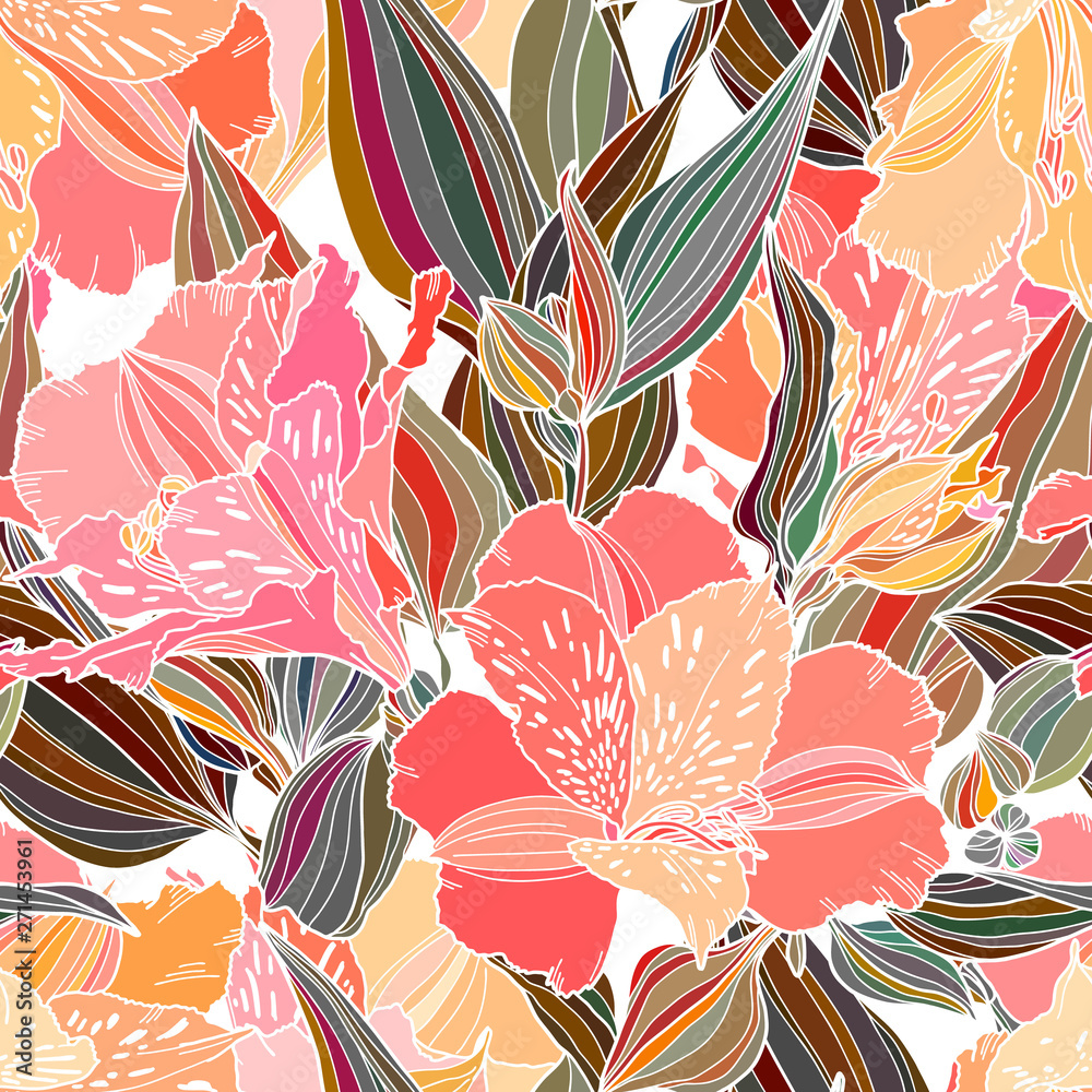 Vector seamless pattern with hand drawn plants. Summer botanical background. Alstroemeria hand drawn bright multi color flowers repeatable wallpaper.