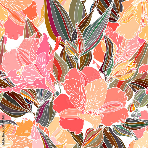 Vector seamless pattern with hand drawn plants. Summer botanical background. Alstroemeria hand drawn bright multi color flowers repeatable wallpaper.