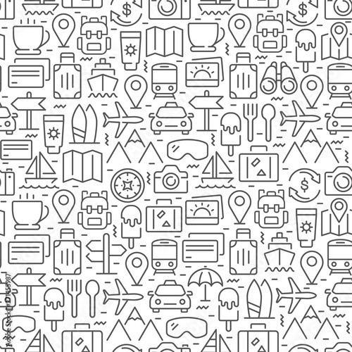 Travel related seamless pattern with thin line icons