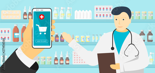 Online pharmacy mobile app. Hand holding smartphone and pharmacist doctor with stethoscope and medicine pills capsules bottles vitamins and tablets on interior store shelves. Vector illustration