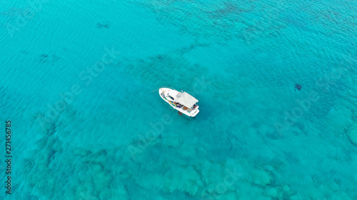 Aerial drone panoramic view photo of famous exotic paradise sandy deep turquoise beach of Elafonissi in South West Crete island, Greece