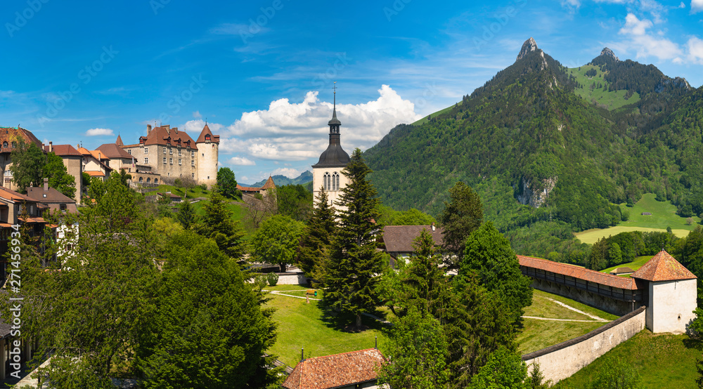 Medieval Town of Gruyeres and Castle panorama, Canton of Fribourg, Switzerland