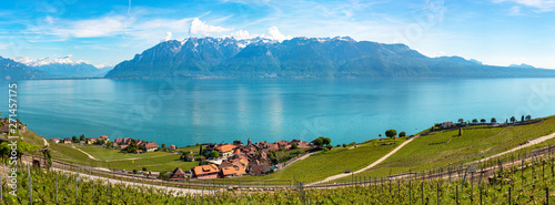 Panoramic view of vineyards in Lavaux region, near Vevey, over Lake Leman (Lake Geneva), Canton of Vaud, Switzerland