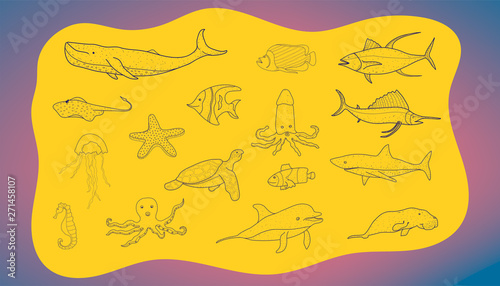 set of all ocean cute animal. doodle hand drawing style. vector illustration eps10 photo