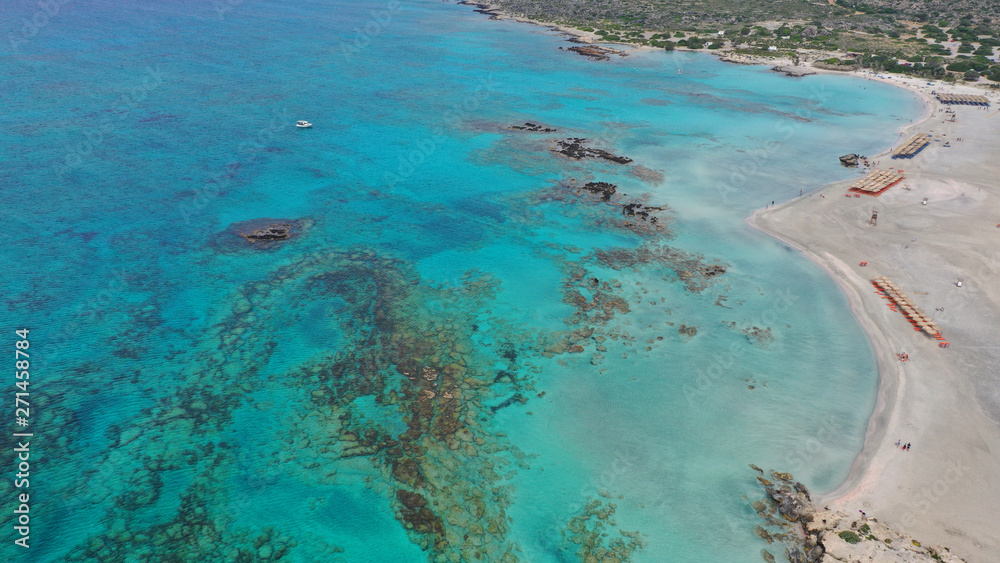 Fototapeta premium Aerial drone panoramic view photo of famous exotic paradise sandy deep turquoise beach of Elafonissi in South West Crete island, Greece