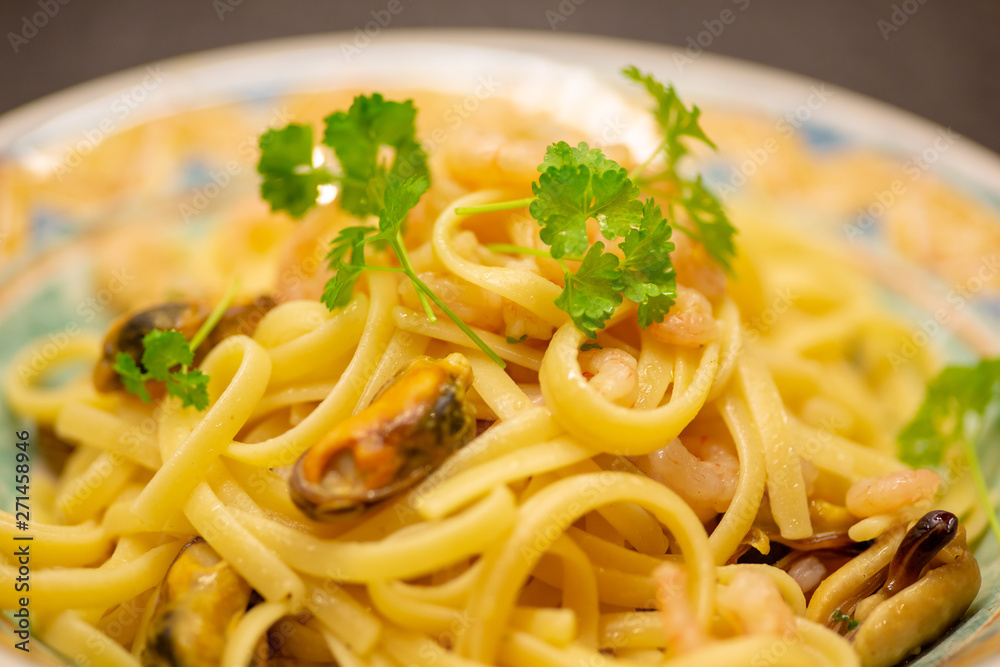 Close up prawn pasta Close up prawn pasta
