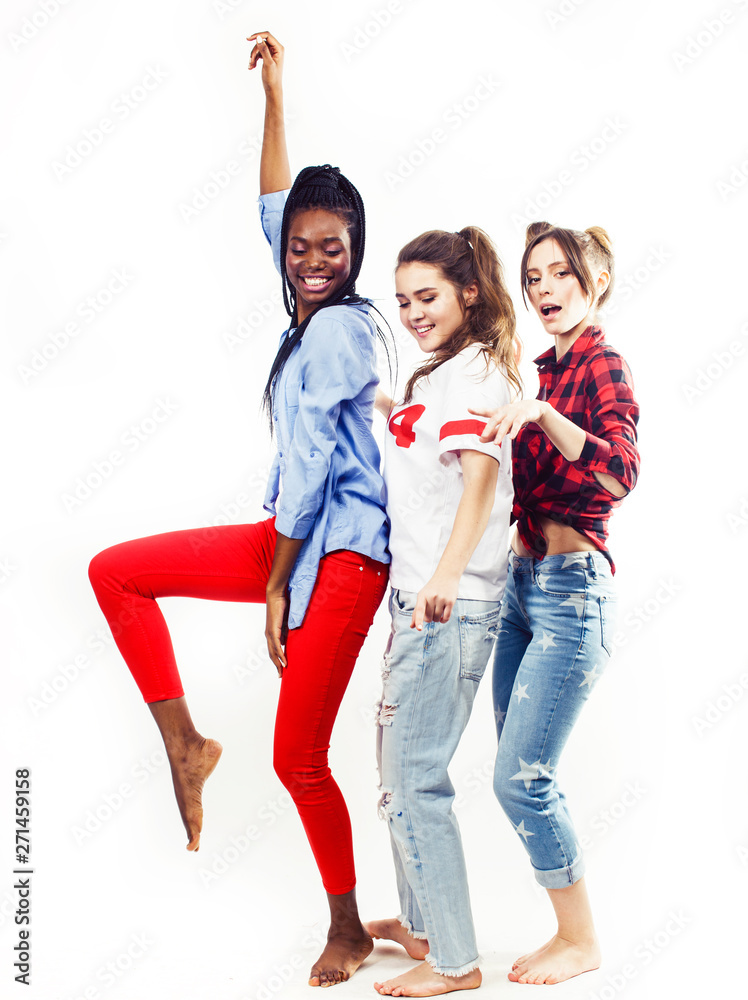 Obraz premium diverse multi nation girls group, teenage friends company cheerful having fun, happy smiling, cute posing isolated on white background, lifestyle people concept, african-american and caucasian 