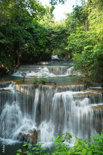 Huay Mae Khamin waterfalls in deep forest at Srinakarin National Park ,Kanchanaburi ,A beautiful stream water famous rain forest waterfall in Thailand