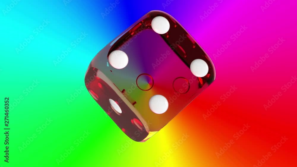 Red transparent plastic dice, rotating on a radial background of many colors. Red transparent plastic dice, rotating on a radial background of many colors.
