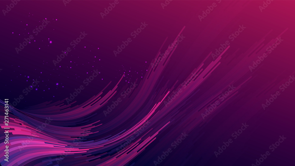 Abstract gradient purple pink curve wave stripes with glitters on gradient dark purple  pink background. Size ratio 1920x1080 px. EPS10, vector, illustration.