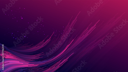 Abstract gradient purple pink curve wave stripes with glitters on gradient dark purple  pink background. Size ratio 1920x1080 px. EPS10, vector, illustration.