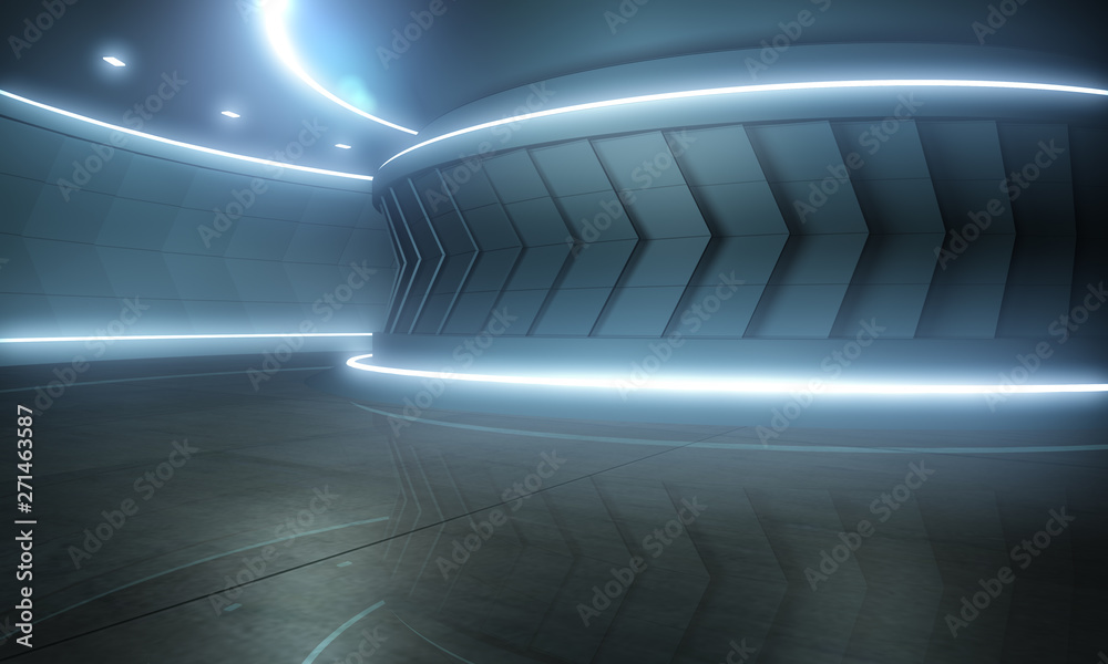Futuristic Modern Sci Fi Dark Empty Spaceship Tunnel With Blue White ...