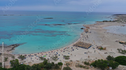 Aerial drone panoramic view photo of famous exotic paradise sandy deep turquoise beach of Elafonissi in South West Crete island  Greece