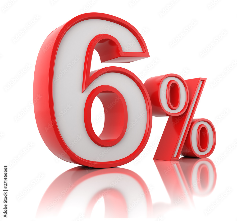 Red six percent on white reflective background. 3d rendering. Illustration for advertising. Red six percent on white reflective background. 3d rendering. Illustration for advertising.