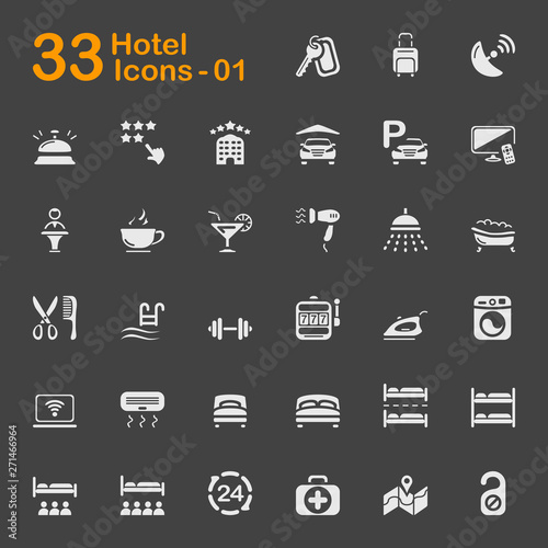 Set of hotel vector icons. Contains such icons as hotel, bell, luggage, parking, hairdryer and more.