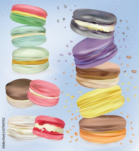 3d realistic colorfulul macaroon falling or flying. Differend sweet french macaroons in motion. France sweet desert. Vector illustrator