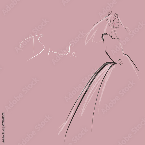 Young beautiful bride in dress. Hand-drawn fashion illustration. Sketch, vector