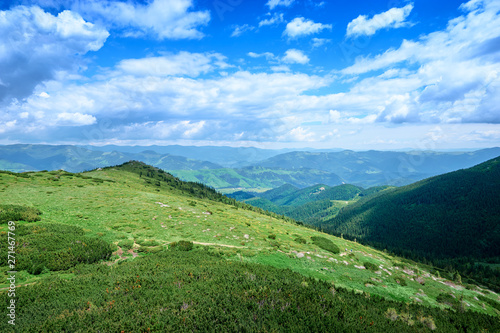 Beautiful mountains landscape with green meadow. Carpathians, Ukraine.