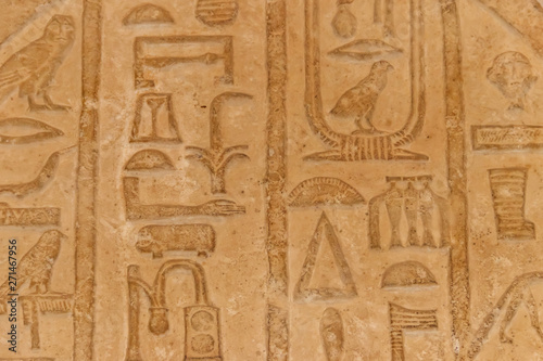 Ancient egyptian hieroglyphs carved on the stone wall