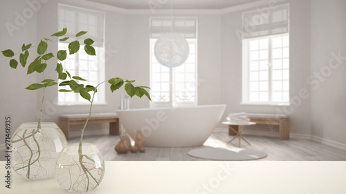 White table top or shelf with glass vase with hydroponic plant  ornament  root of plant in water  branch in vase  house plant  modern blurred bathroom background  interior design