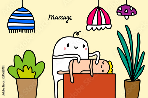Massage hand drawn vector illustration in cartoon style. Patient and doctor