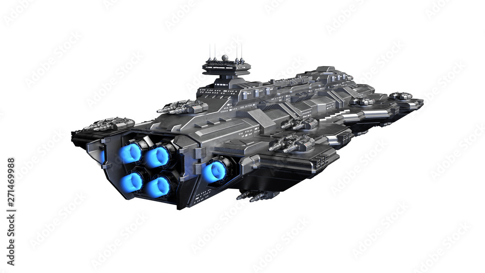 Spaceship flying, alien UFO spacecraft in flight isolated on white background, rear view, 3D rendering Spaceship flying, alien UFO spacecraft in flight isolated on white background, rear view, 3D rendering