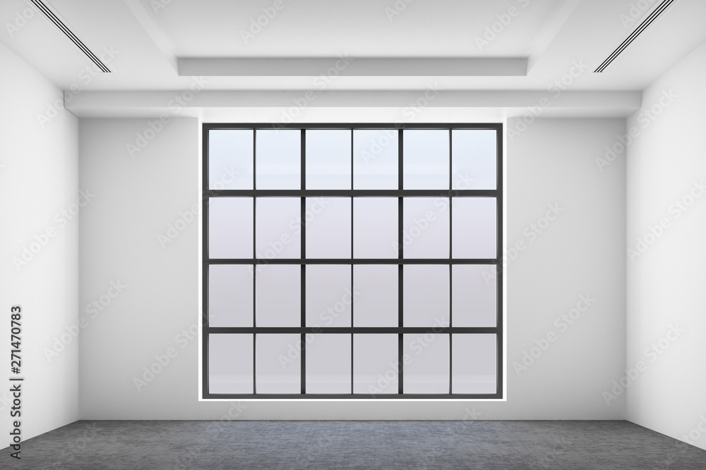 Front view of empty interior space industrial loft style with concrete floor, windows and sunlight. Real estate concept. 3D Rendering - Front view of empty interior space industrial loft style with concrete floor, windows and sunlight. Real estate concept. 3D Rendering -