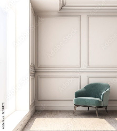 Fototapeta Naklejka Na Ścianę i Meble -  3d rendering illustration of living room with luxury classic wall panel and armchair.