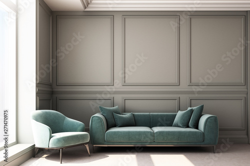 3d rendering illustration of living room with luxury classic wall panel and living furniture.