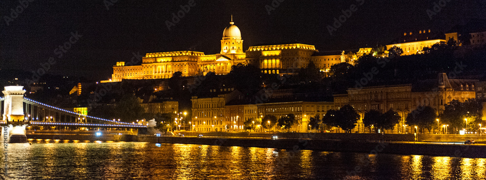 The famous royal Palace in Budapest, as seen from the donau river, at night.