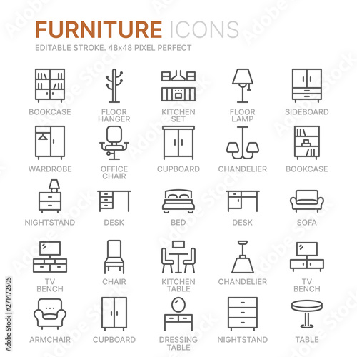 Collection of furniture line icons. 48x48 Pixel Perfect. Editable stroke