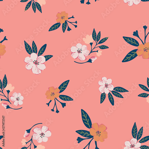 Pretty modern floral seamless pattern in  pink, orange and green on a  coral rose background. Beautiful for textiles, gift wrapping paper, invitations, fashion, home decor and product packaging.