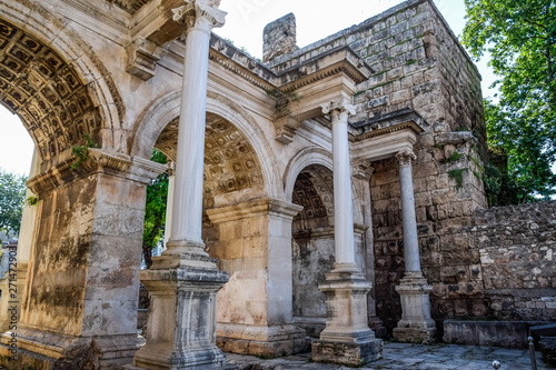 Adrian Gate, Antalya landmark, Turkey. Antique construction of marble and limestone.