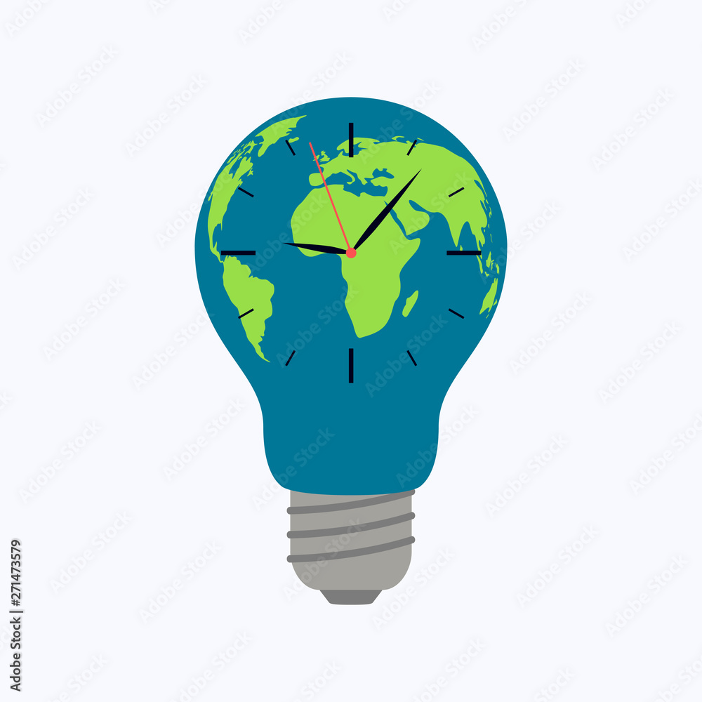 Light bulb world map with clock on white background, vector illustration Light bulb world map with clock on white background, vector illustration