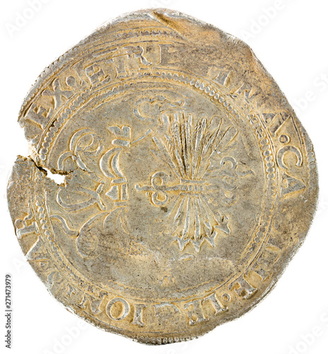 Ancient Spanish silver coin of the Kings Fernando e Isabel. Catholic kings. Coined in Sevilla. 4 Reales. Reverse. photo